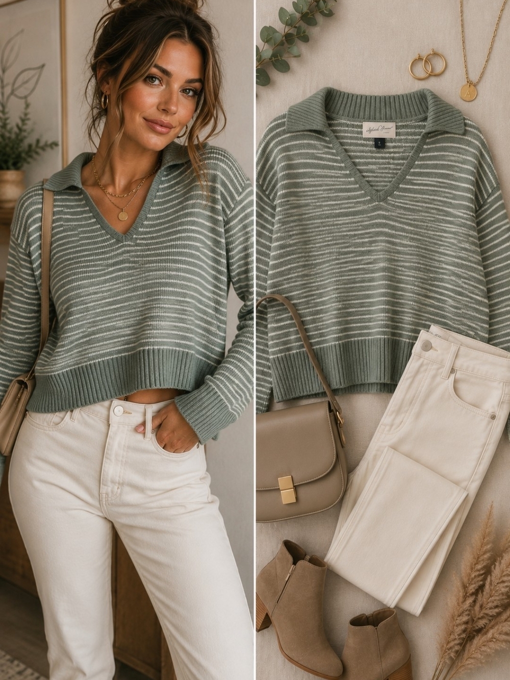 Universal Thread Sage Green White Striped Collared Cropped Sweater Medium